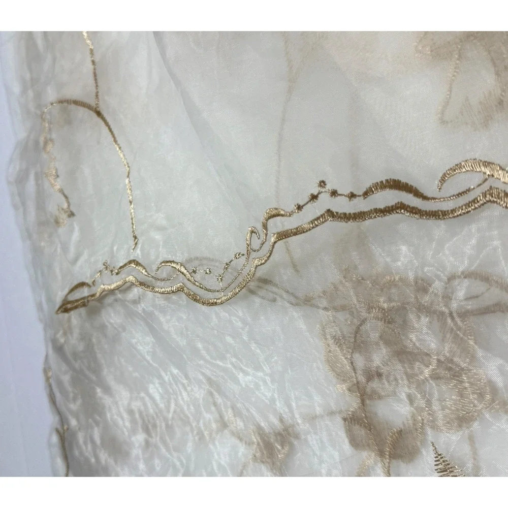 Single Embroidered Gossamer Net Curtain Panel w/ Attached Valance Gold Ivory